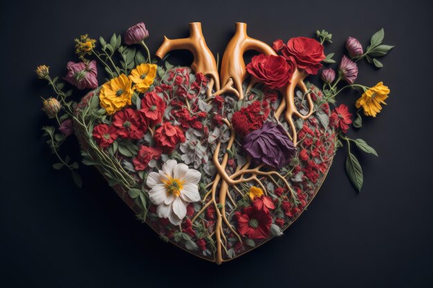 Corazón humano hecho de flores y hojas Generado por IA