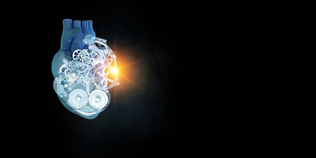 Corazón humano hecho de mecanismos y elementos. Técnica mixta