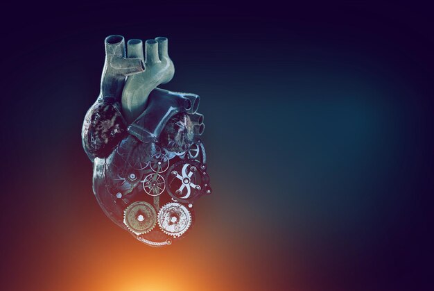 Corazón humano hecho de mecanismos y elementos. Técnica mixta