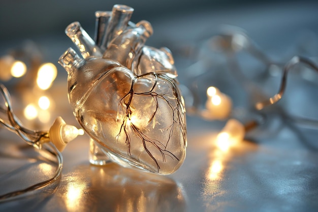 Corazón humano hecho de vidrio o hielo con guirnalda de luz Corazón anatómicamente correcto en fondo bokeh Corazón congelado brillante Amor y concepto romántico