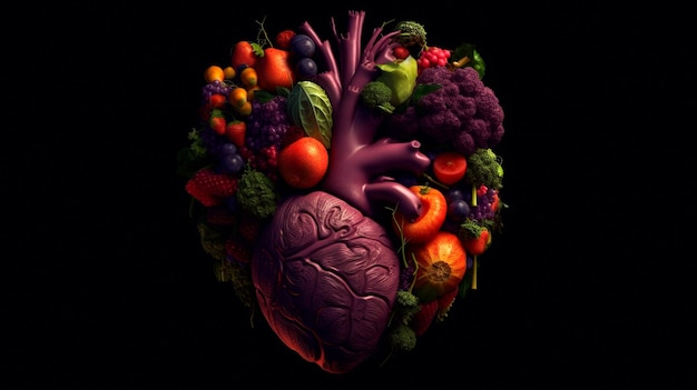 Corazón humano ilustrado realista abstracto hecho de vegetales frescos, plantas y frutas aisladas en un fondo púrpura oscuro Ilustrador generativo de IA