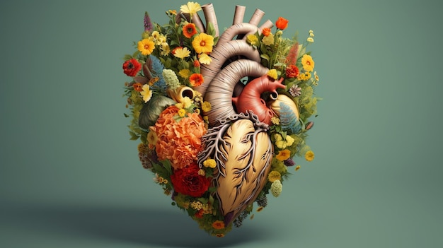 Corazón humano lleno de vida, flores y plantas sobre un fondo neutro Concepto de salud cardíaca día mundial de la salud