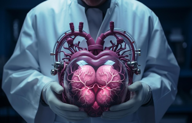 Corazón humano en las manos de un médico sobre un fondo oscuro
