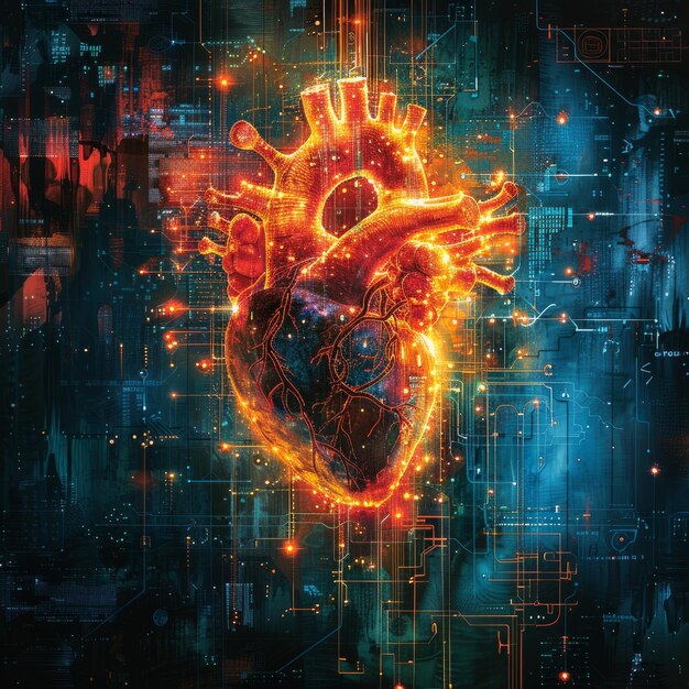El corazón humano y el pulso de la energía contra un complejo telón de fondo de interfaz cibernética