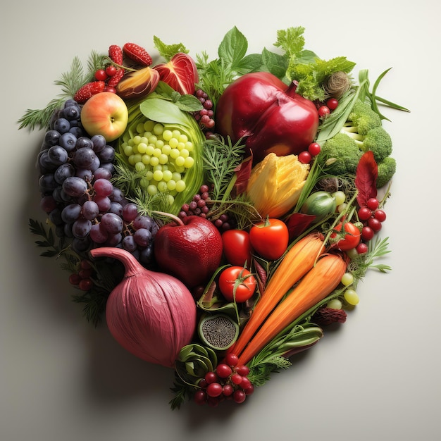 Un corazón humano sano hecho de frutas y verduras.