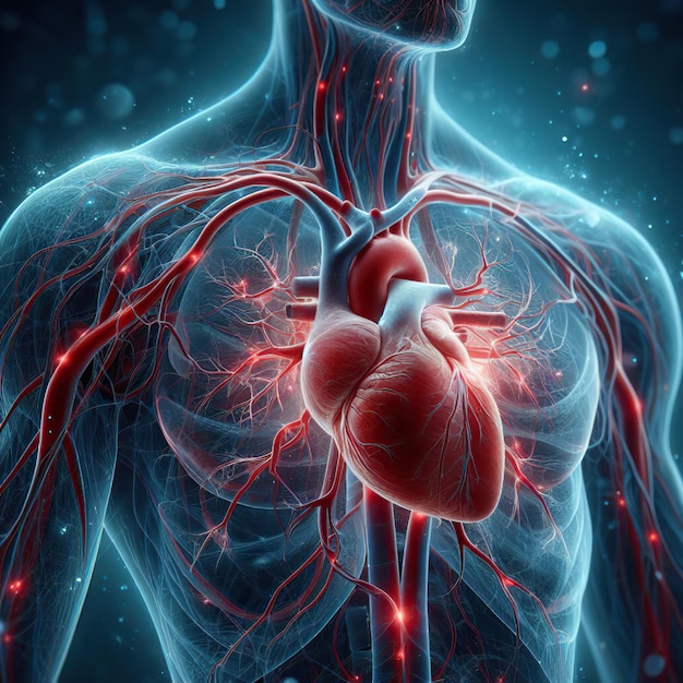 Corazón humano con vasos sanguíneos