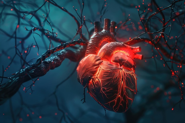 Foto corazón humano venas rojas brillantes y ramas de árboles negras en forma de un gran corazón en el estilo de hiper realista
