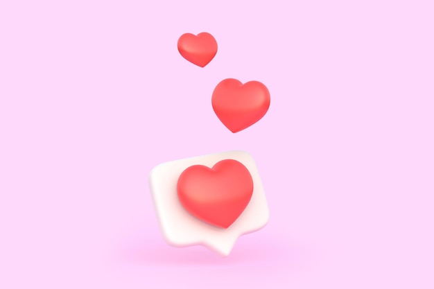 Corazón en icono de burbuja de discurso sobre un fondo rosa Amor como corazón icono de notificación de redes sociales 3D