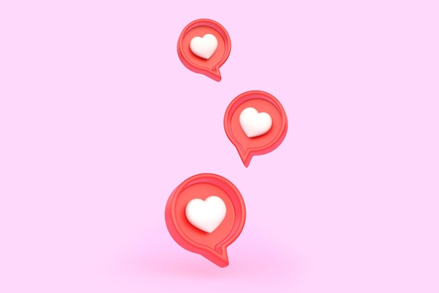 Corazón en icono de burbuja de discurso sobre un fondo rosa Amor como corazón icono de notificación de redes sociales 3D