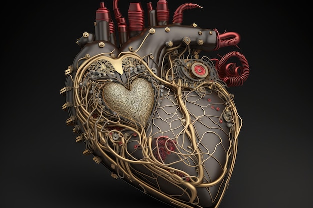 Corazón con intrincados circuitos y cables que representan los impulsos eléctricos del corazón