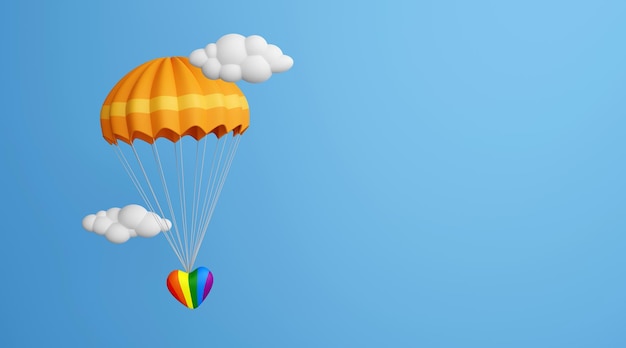 Foto corazón lgbtq con paracaídas entre nubes con fondo de cielo azul y espacio de copia