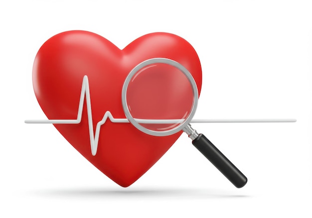 Corazón con línea de EKG y lupa sobre un fondo blanco