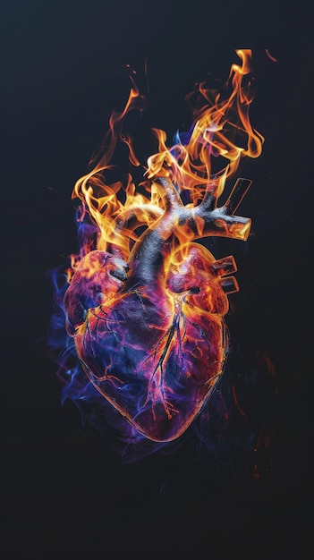 Corazón en llamas con fondo oscuro concepto surrealista y emocional