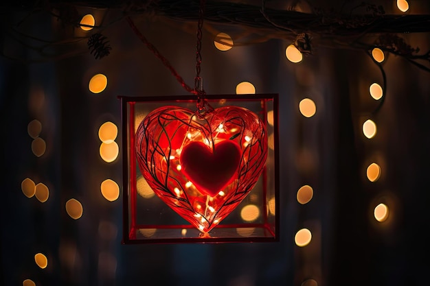 Corazón con luces para decoración navideña Luz interior cálida IA generativa