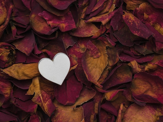 Corazón de madera blanca sobre el fondo de pétalos de rosa secos. El concepto de una relación romántica. Endecha plana.