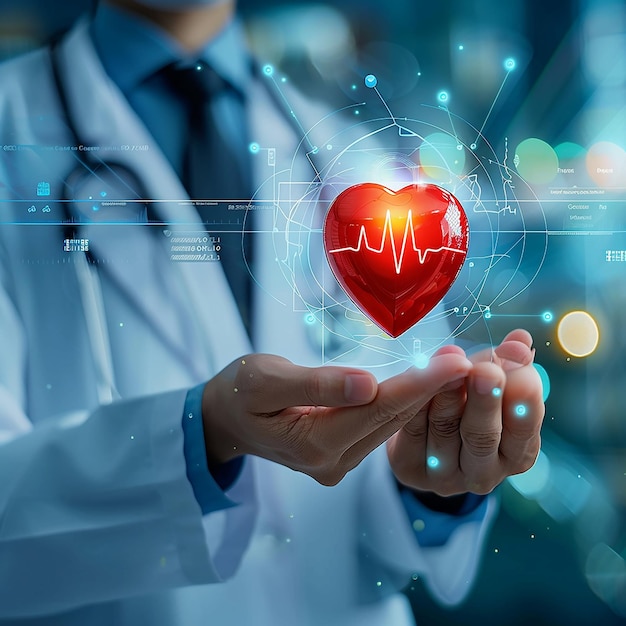 un corazón en las manos de un médico con un corazón rojo en la pantalla