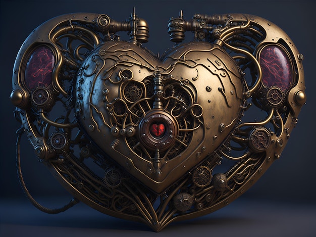 Corazón mecánico con partes intrincadas elementos robóticos en metal rojo y brillante