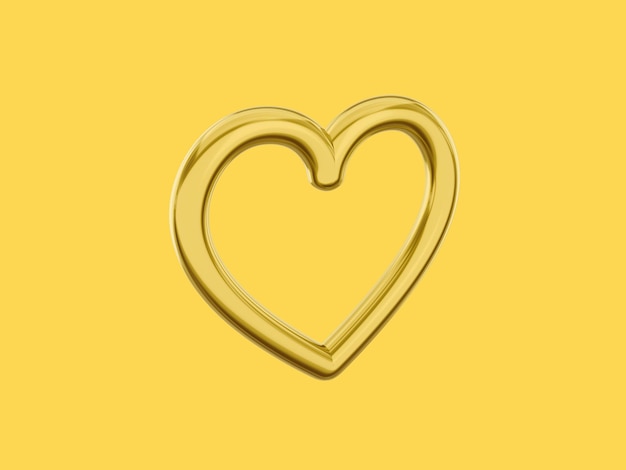 Corazón de metal de juguete Símbolo de amor Color mono dorado Sobre un fondo amarillo sólido Vista del lado izquierdo Representación 3d