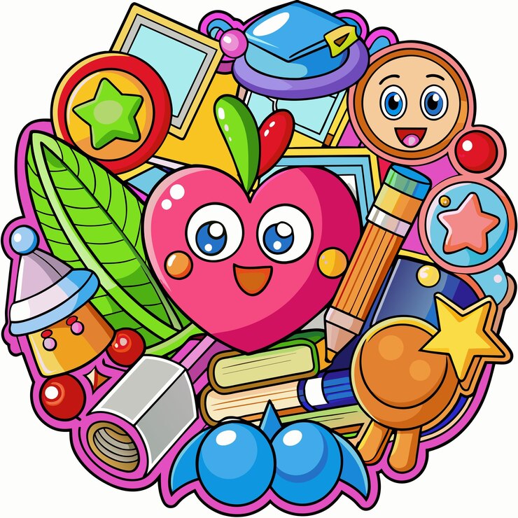 Foto un corazón con muchos objetos a su alrededor y un dibujo de un corazón con una cara de dibujos animados