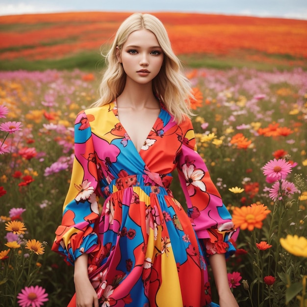 Foto en el corazón de la naturaleza, una hermosa niña en un colorido campo de flores silvestres.