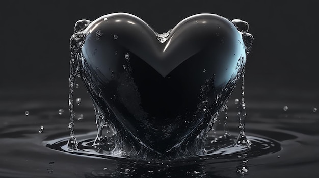 un corazón negro con gotas de agua