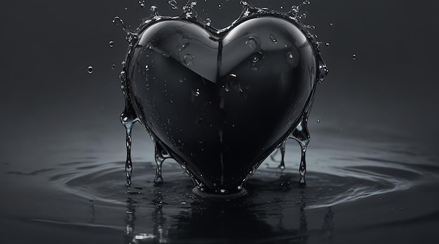 un corazón negro con gotas de agua