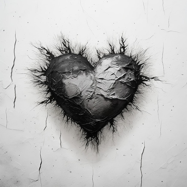 Foto corazón negro sobre un fondo de textura blanca