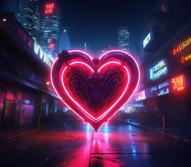 Corazón de neón en la carretera en la ciudad por la noche renderización 3D generado por Ai