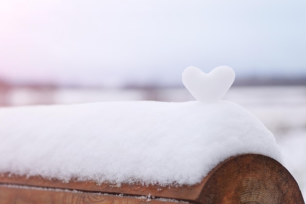 Corazón de nieve en la naturaleza Pequeña profundidad de campo