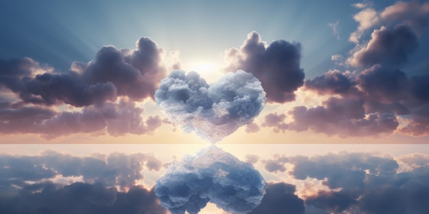 corazón de nube reflejado en el agua