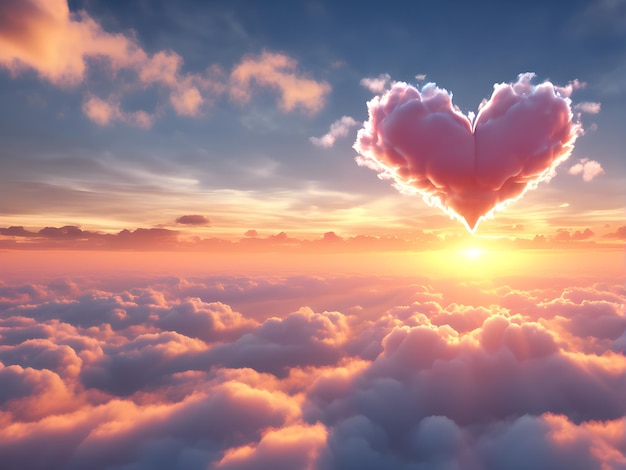 El corazón de las nubes en el cielo al atardecer Ilustración 3D