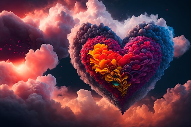 Un corazón en las nubes con la palabra amor en él.