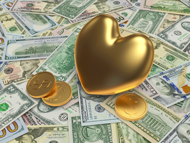Corazón de oro en billetes de un dólar
