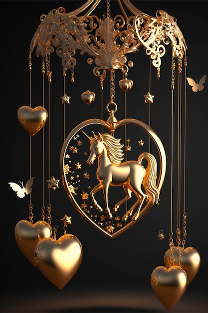 Corazón de oro con un caballo colgando de él ai generativo.