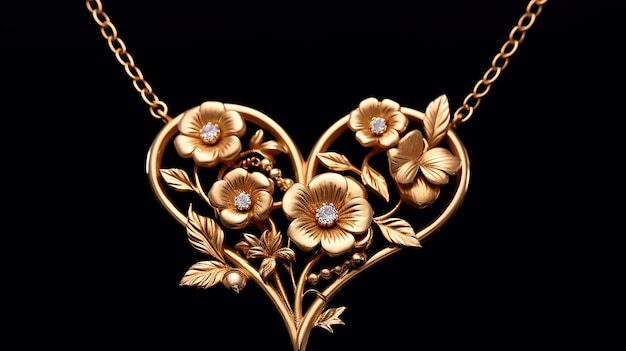 Corazón de oro Jewelry colgante de corazón de oro adornado con flores y hojas