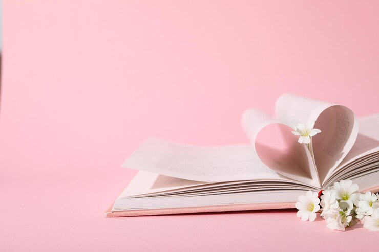 Corazón de páginas de libros sobre fondo rosa espacio para texto