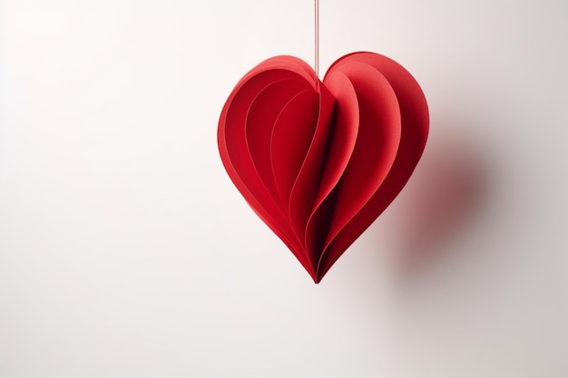 Corazón de papel rojo colgando sobre fondo blanco.