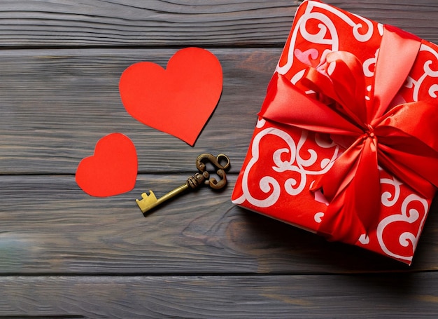 Corazón de papel rojo y llave antigua sobre un fondo de madera oscura Día de San Valentín Copiar espacio