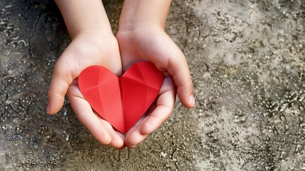 Corazón de papel rojo sostenido por un niño contra un fondo neutral