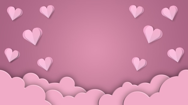 Corazón de papercut para el fondo del día de san valentín con nubes 3d