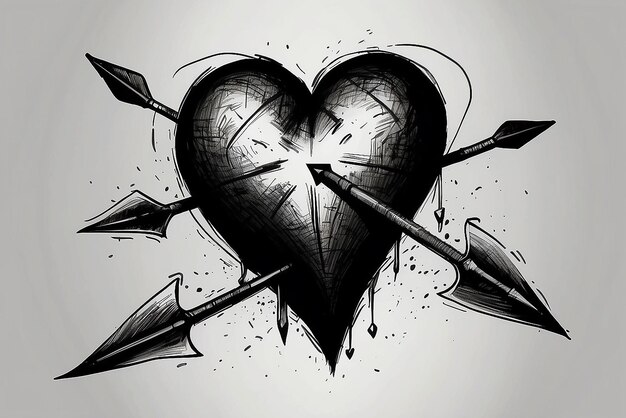 Foto corazón perforado con tinta de flecha dibujo en blanco y negro