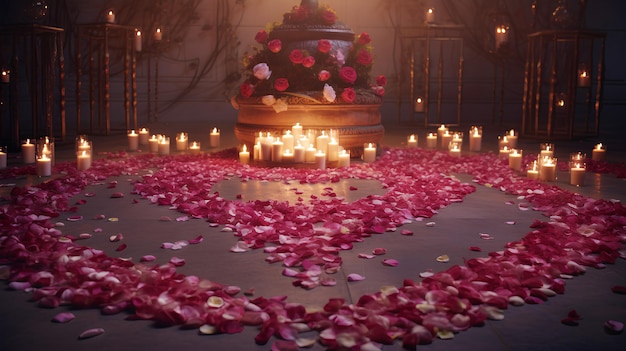 Corazón de pétalos de rosa en el suelo con velas fondo romántico