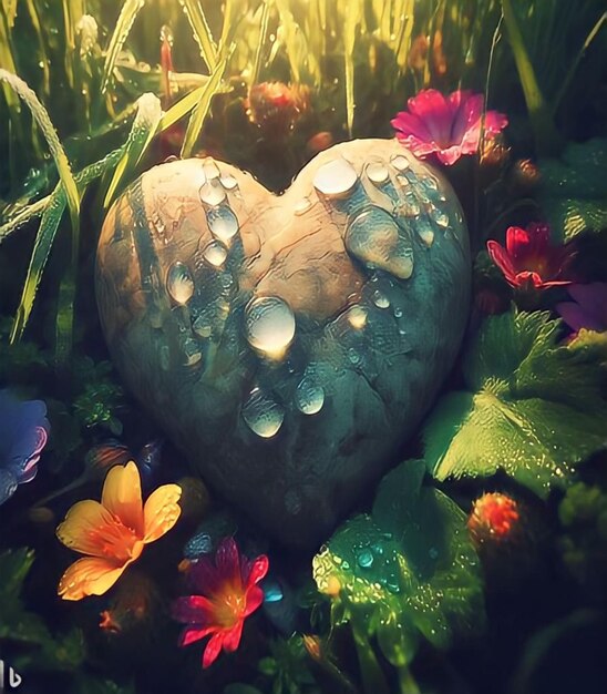 Foto un corazón de piedra en una flor verde y una flor rosa