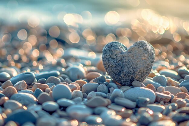 Foto el corazón de piedra en la playa de guijarros el agua del océano brillante la costa rocosa símbolo de amor verano corazón de guiyarros