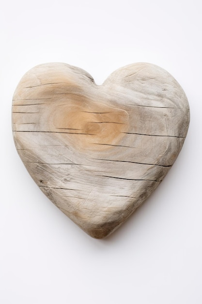 Un corazón de piedra sobre un fondo de madera blanca