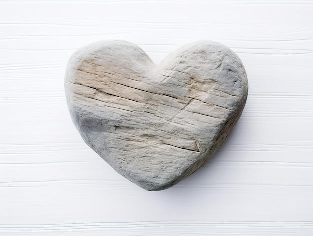 Un corazón de piedra sobre un fondo de madera blanca