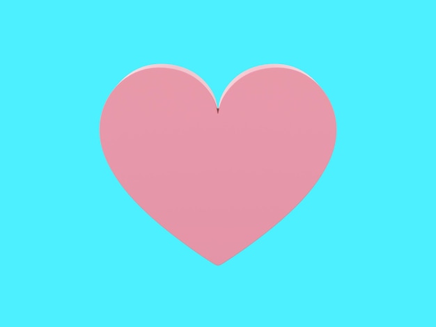 Corazón plano Rosa color único Símbolo de amor Sobre un fondo azul monocromo Vista frontal Representación 3d