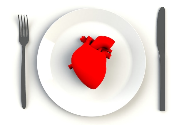 Corazón en plato, cuchillo y tenedor en mesa blanca, 3D rendering