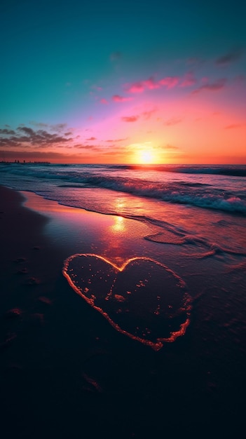 Un corazón en la playa al atardecer.