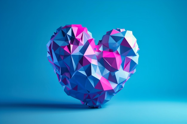 Un corazón poligonal azul y morado sobre un fondo azul.